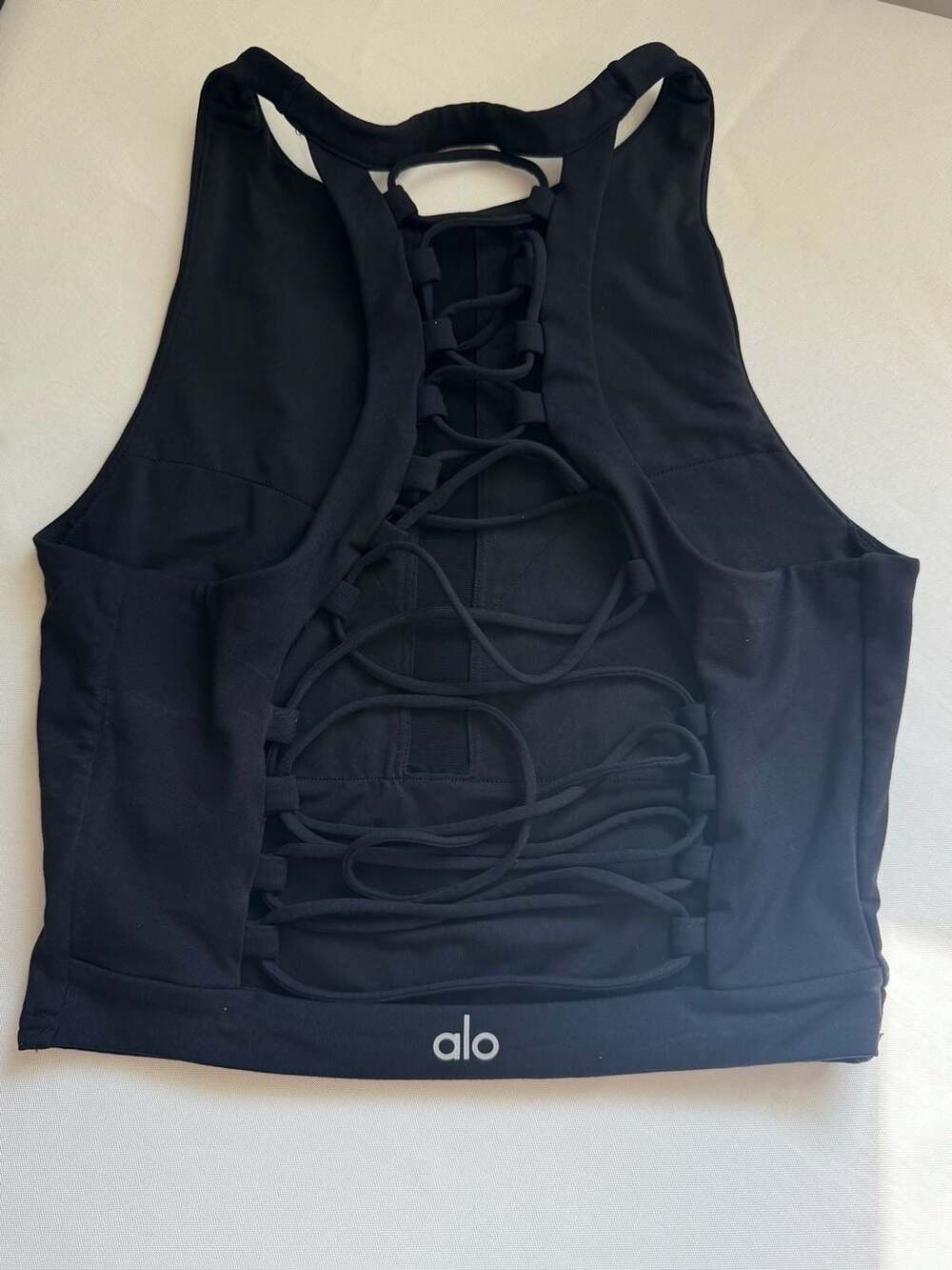 Alo Yoga Lace Up Back Crop Tank Black Open Back Pilates Athleisure Size M